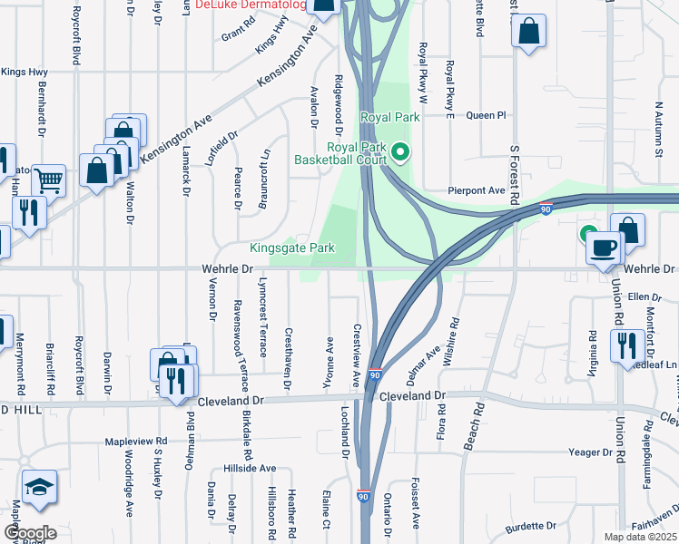 map of restaurants, bars, coffee shops, grocery stores, and more near 455 Wehrle Drive in Buffalo
