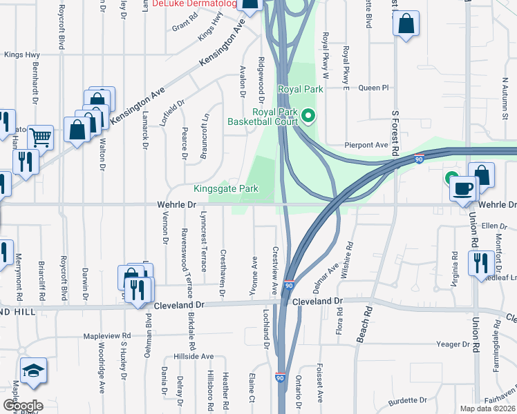 map of restaurants, bars, coffee shops, grocery stores, and more near 455 Wehrle Drive in Buffalo