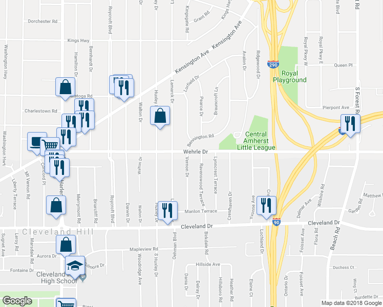 map of restaurants, bars, coffee shops, grocery stores, and more near 50 Ravenswood Terrace in Buffalo