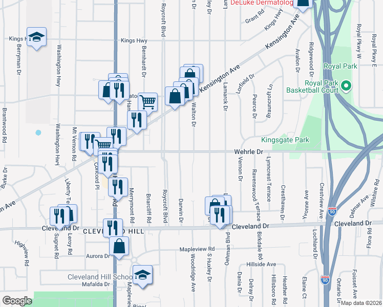 map of restaurants, bars, coffee shops, grocery stores, and more near 386 Walton Drive in Buffalo