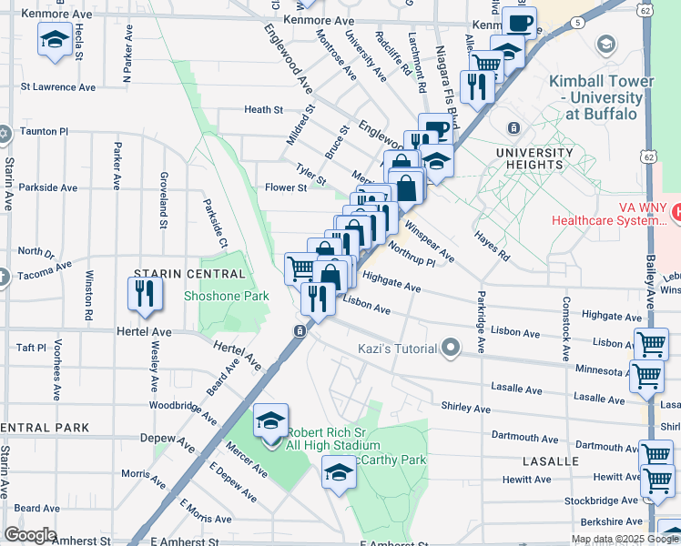 map of restaurants, bars, coffee shops, grocery stores, and more near 3112 Main Street in Buffalo