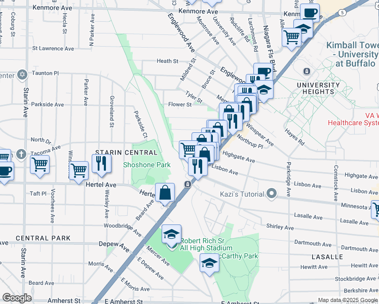map of restaurants, bars, coffee shops, grocery stores, and more near 66 Custer Street in Buffalo