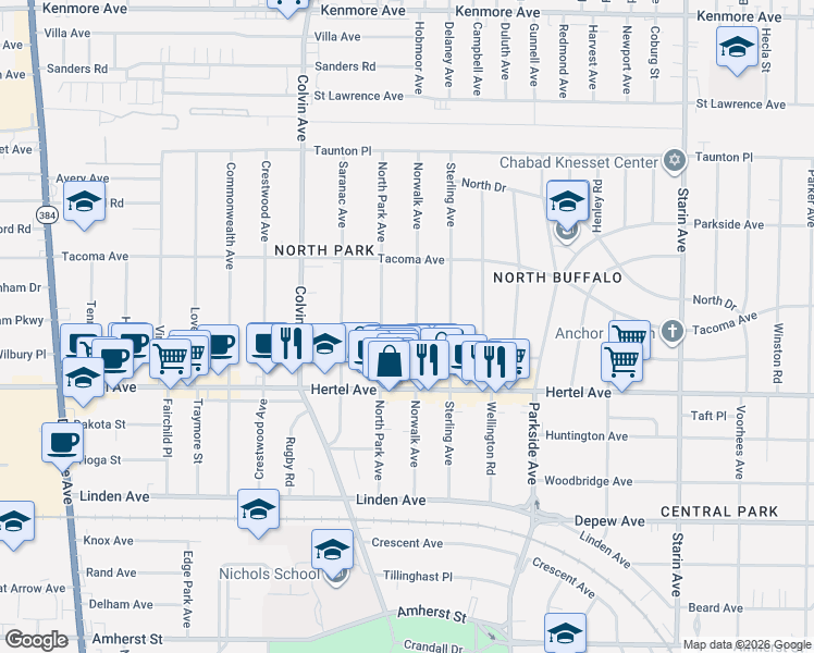 map of restaurants, bars, coffee shops, grocery stores, and more near 180 Norwalk Avenue in Buffalo