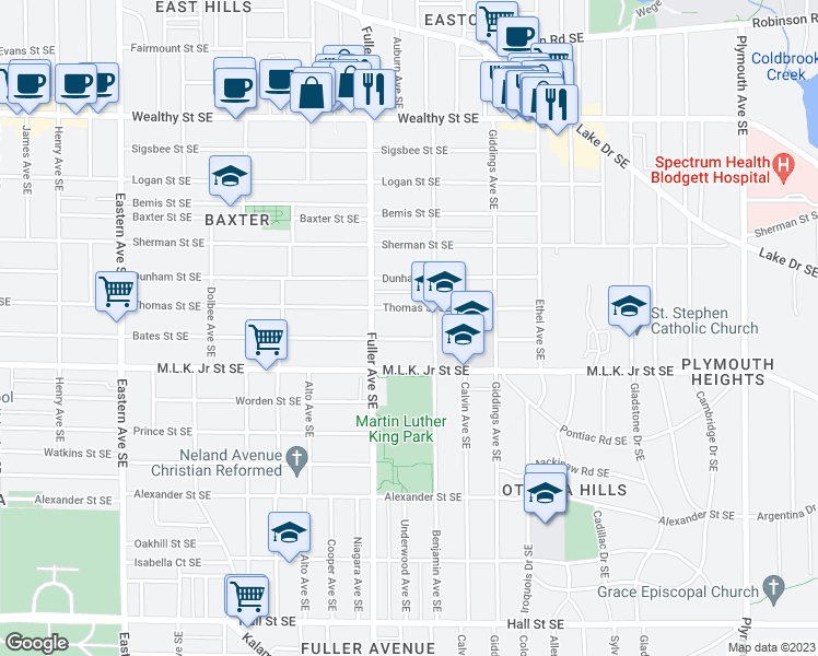 map of restaurants, bars, coffee shops, grocery stores, and more near 1241 Bates Street Southeast in Grand Rapids