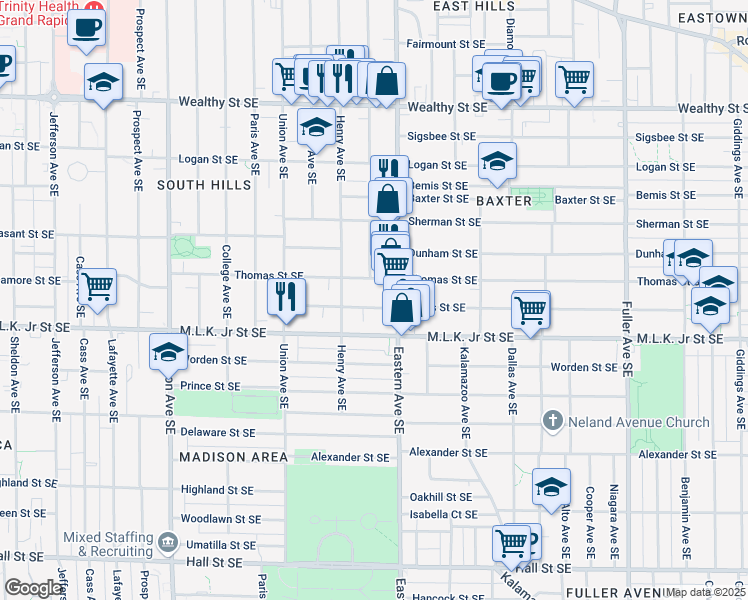 map of restaurants, bars, coffee shops, grocery stores, and more near 743 Bates Street Southeast in Grand Rapids