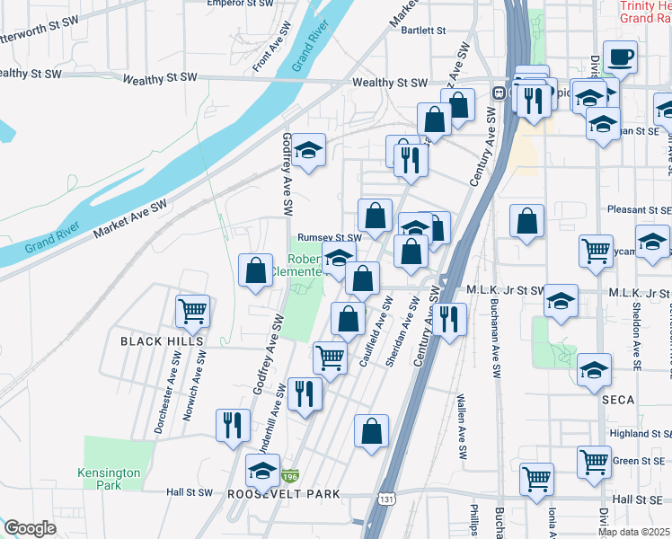 map of restaurants, bars, coffee shops, grocery stores, and more near 801 Oakland Avenue Southwest in Grand Rapids