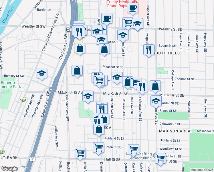 map of restaurants, bars, coffee shops, grocery stores, and more near 720 Cornwall Avenue Southeast in Grand Rapids