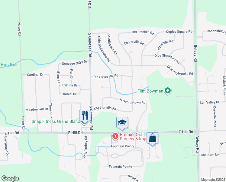 map of restaurants, bars, coffee shops, grocery stores, and more near 5415 Sturbridge Road in Grand Blanc