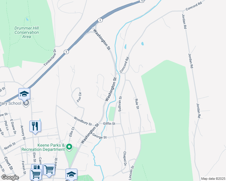 map of restaurants, bars, coffee shops, grocery stores, and more near 543 Washington Street in Keene