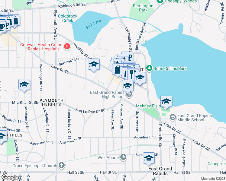 map of restaurants, bars, coffee shops, grocery stores, and more near 2115 Lake Drive Southeast in Grand Rapids