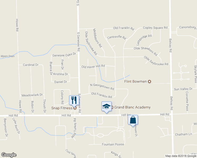 map of restaurants, bars, coffee shops, grocery stores, and more near 5415 Sturbridge Road in Grand Blanc