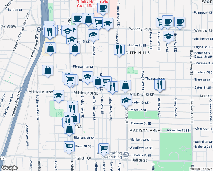 map of restaurants, bars, coffee shops, grocery stores, and more near 717 Lafayette Ave SE in Grand Rapids