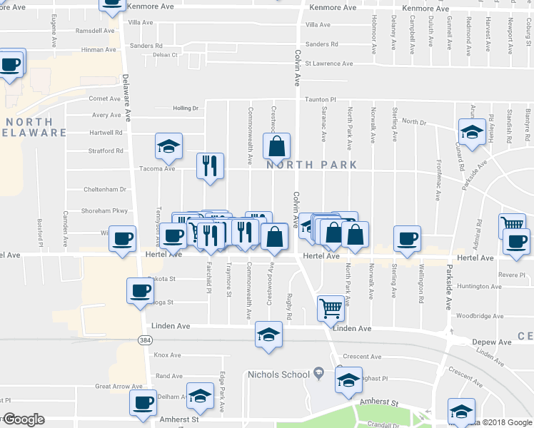 map of restaurants, bars, coffee shops, grocery stores, and more near 162 Crestwood Avenue in Buffalo