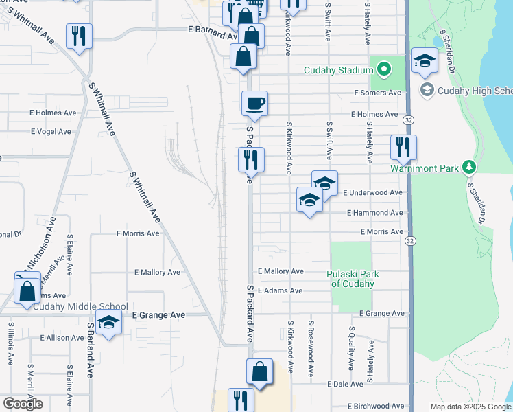 map of restaurants, bars, coffee shops, grocery stores, and more near 5222 South Packard Avenue in Cudahy