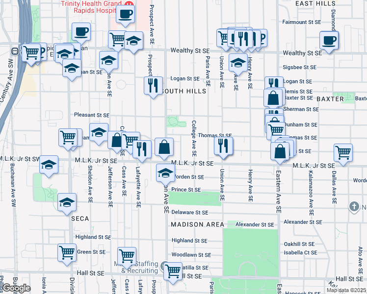 map of restaurants, bars, coffee shops, grocery stores, and more near 726 Morris Avenue Southeast in Grand Rapids