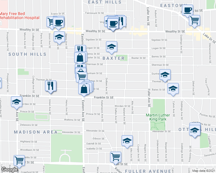 map of restaurants, bars, coffee shops, grocery stores, and more near 933 Bates Street Southeast in Grand Rapids