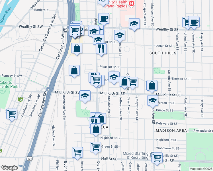 map of restaurants, bars, coffee shops, grocery stores, and more near 719 Sheldon Avenue Southeast in Grand Rapids