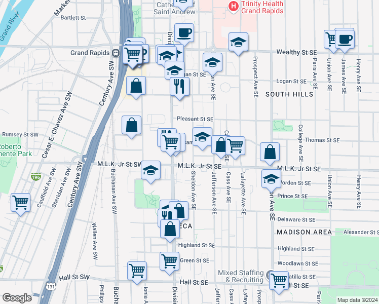 map of restaurants, bars, coffee shops, grocery stores, and more near 717 Sheldon Avenue Southeast in Grand Rapids