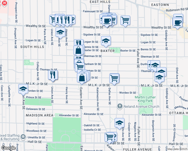 map of restaurants, bars, coffee shops, grocery stores, and more near 857 Bates St SE in Grand Rapids