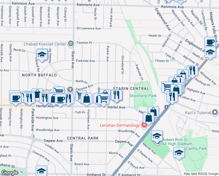 map of restaurants, bars, coffee shops, grocery stores, and more near 371 Parker Avenue in Buffalo