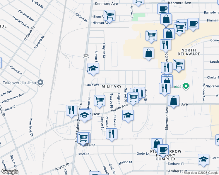 map of restaurants, bars, coffee shops, grocery stores, and more near 138A Lawn Avenue in Buffalo