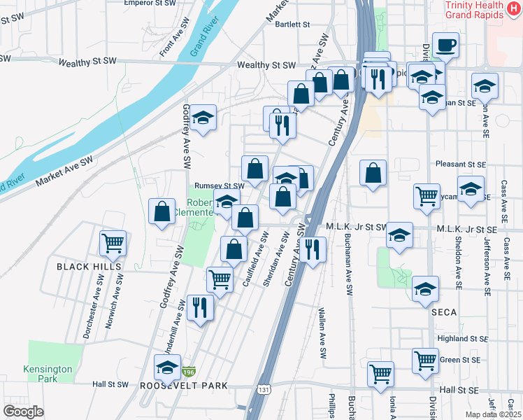map of restaurants, bars, coffee shops, grocery stores, and more near 726 Cesar E. Chavez Avenue Southwest in Grand Rapids