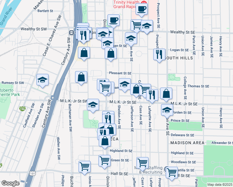 map of restaurants, bars, coffee shops, grocery stores, and more near 719 Sheldon Avenue Southeast in Grand Rapids