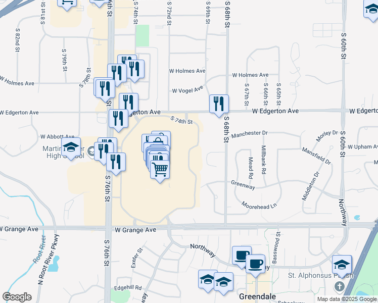 map of restaurants, bars, coffee shops, grocery stores, and more near South 74th Street in Greendale