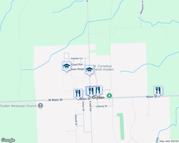 map of restaurants, bars, coffee shops, grocery stores, and more near 3834 North Mill Road in Dryden