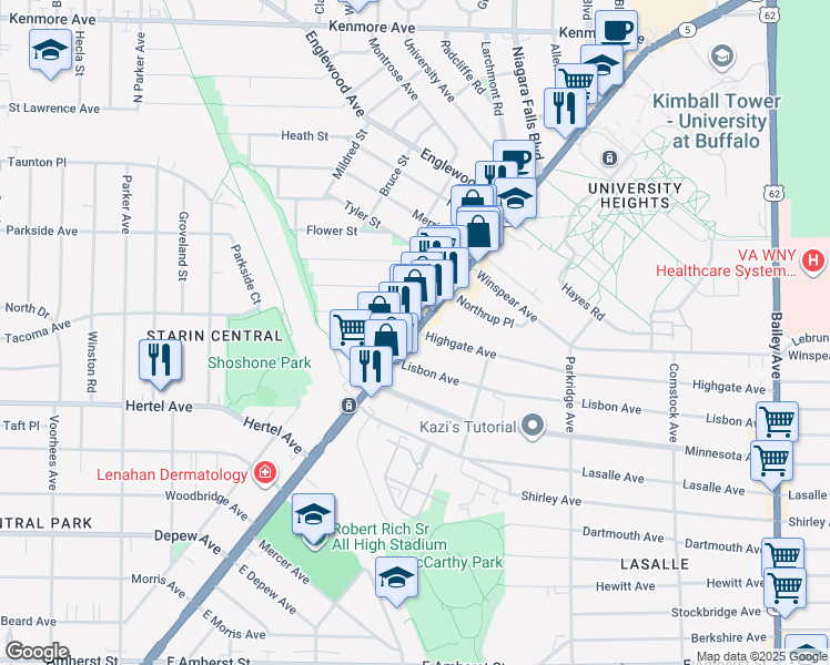 map of restaurants, bars, coffee shops, grocery stores, and more near Main St & Highgate Ave in Buffalo