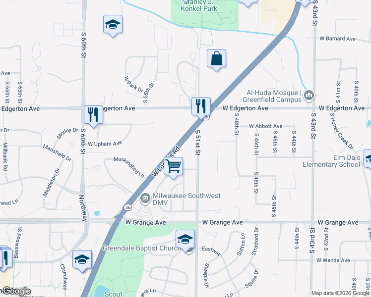 map of restaurants, bars, coffee shops, grocery stores, and more near 5215 West Loomis Road in Greendale