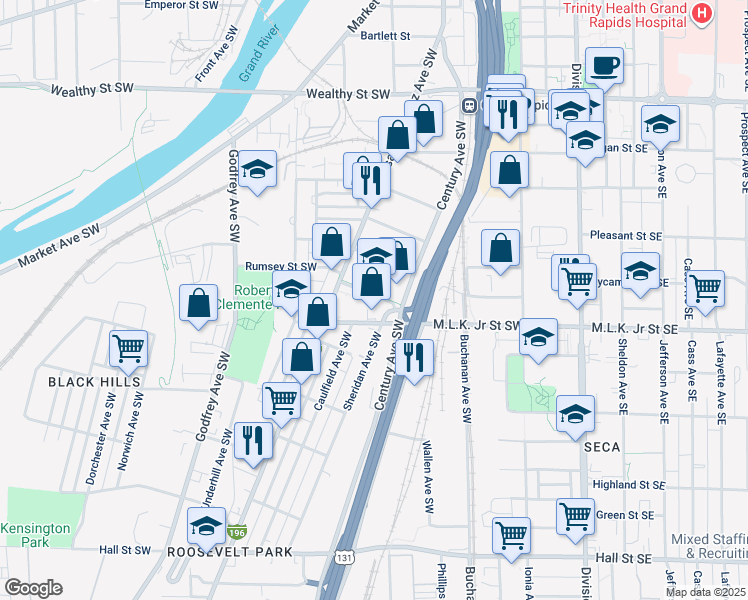 map of restaurants, bars, coffee shops, grocery stores, and more near 342 Rumsey Street Southwest in Grand Rapids