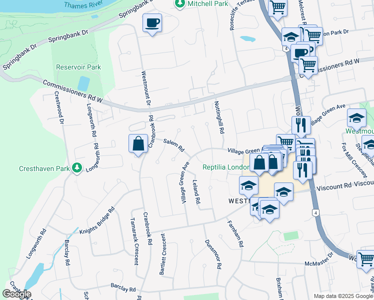 map of restaurants, bars, coffee shops, grocery stores, and more near 124 Salem Road in London