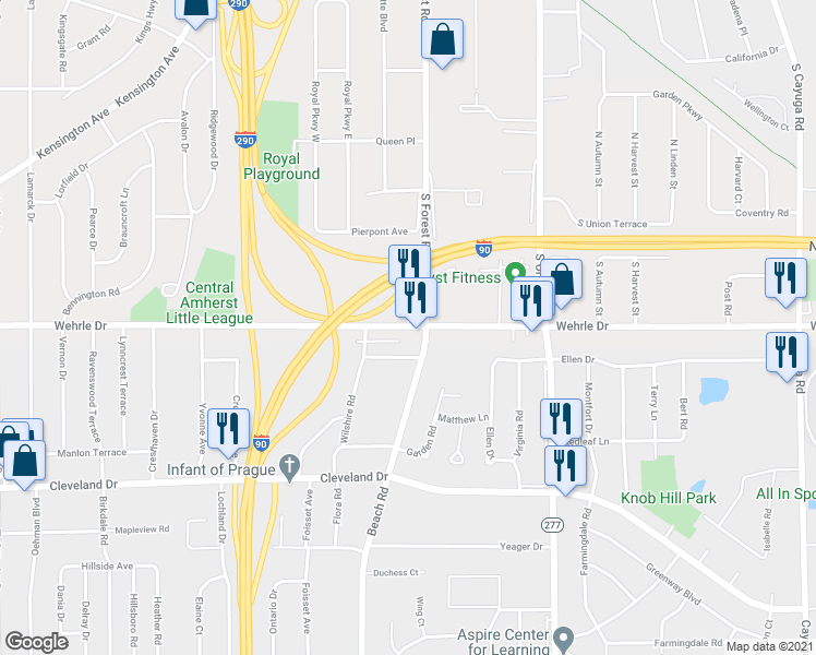 map of restaurants, bars, coffee shops, grocery stores, and more near 651 Wehrle Drive in Buffalo