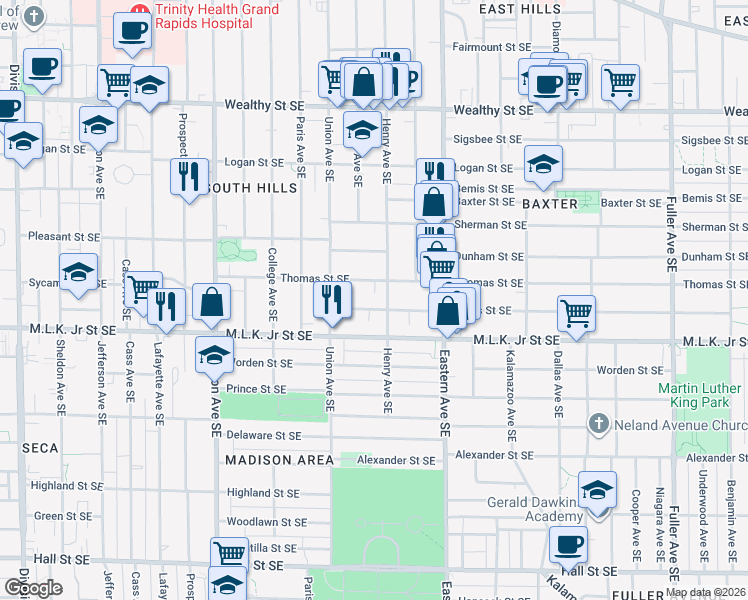 map of restaurants, bars, coffee shops, grocery stores, and more near 627 Bates Street Southeast in Grand Rapids