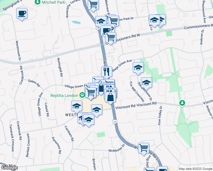 map of restaurants, bars, coffee shops, grocery stores, and more near 765 Wonderland Road South in London