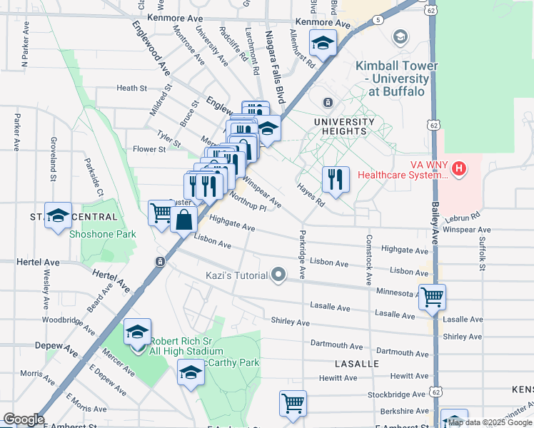 map of restaurants, bars, coffee shops, grocery stores, and more near 83 Northrup Place in Buffalo