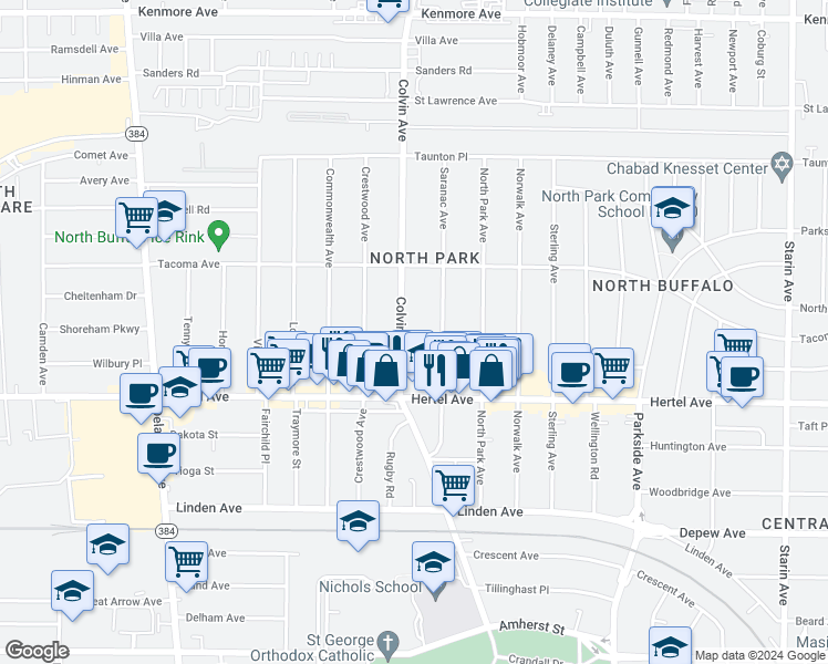 map of restaurants, bars, coffee shops, grocery stores, and more near 126 Saranac Avenue in Buffalo