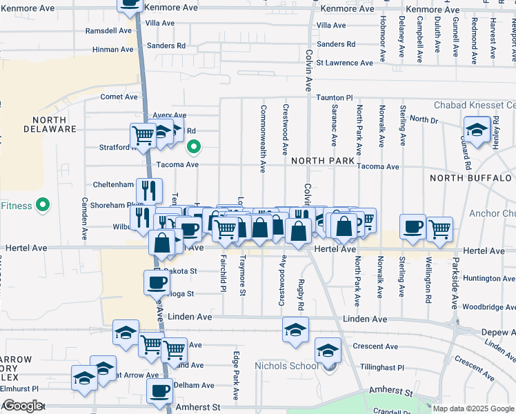 map of restaurants, bars, coffee shops, grocery stores, and more near 55 Lovering Avenue in Buffalo