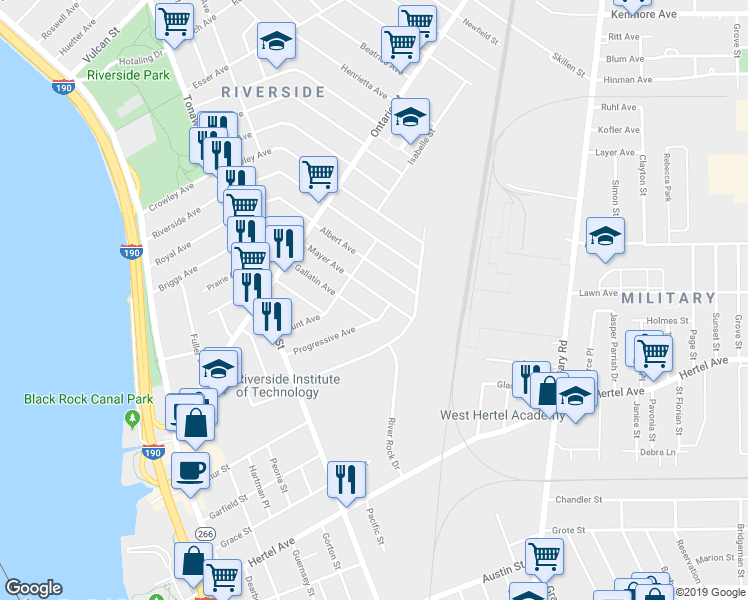 map of restaurants, bars, coffee shops, grocery stores, and more near 117 Mayer Avenue in Buffalo