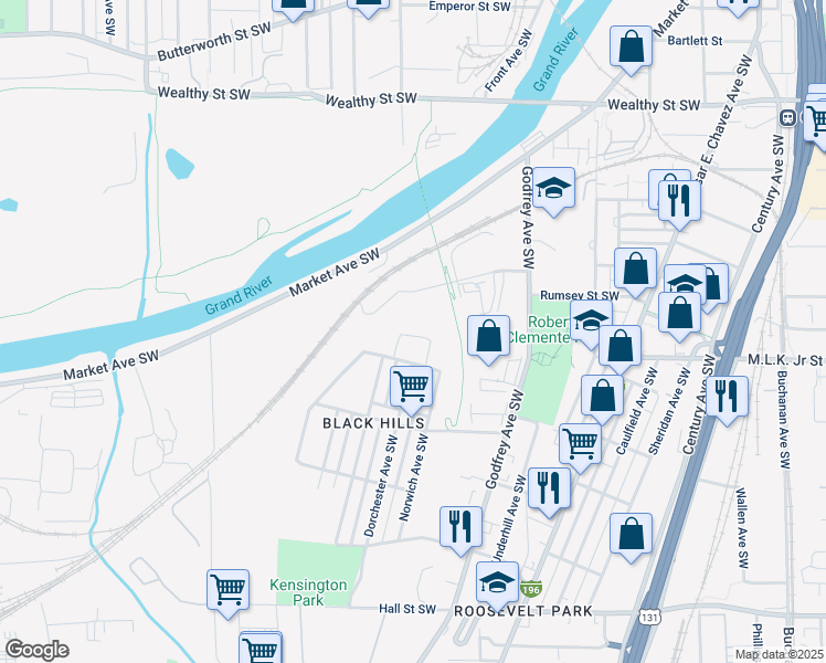 map of restaurants, bars, coffee shops, grocery stores, and more near 772 Dorchester Avenue Southwest in Grand Rapids