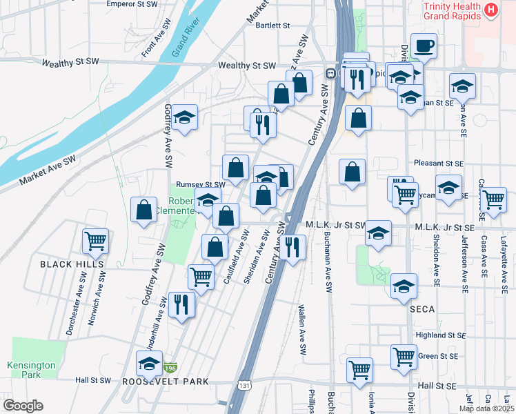 map of restaurants, bars, coffee shops, grocery stores, and more near 342 Rumsey Street Southwest in Grand Rapids