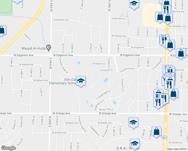 map of restaurants, bars, coffee shops, grocery stores, and more near 5240 South 37th Street in Greenfield
