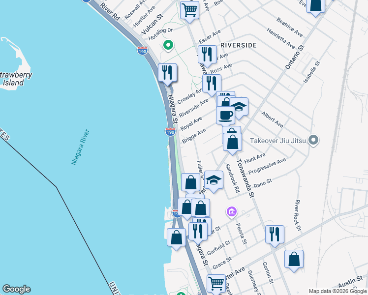map of restaurants, bars, coffee shops, grocery stores, and more near 80 Fuller Street in Buffalo