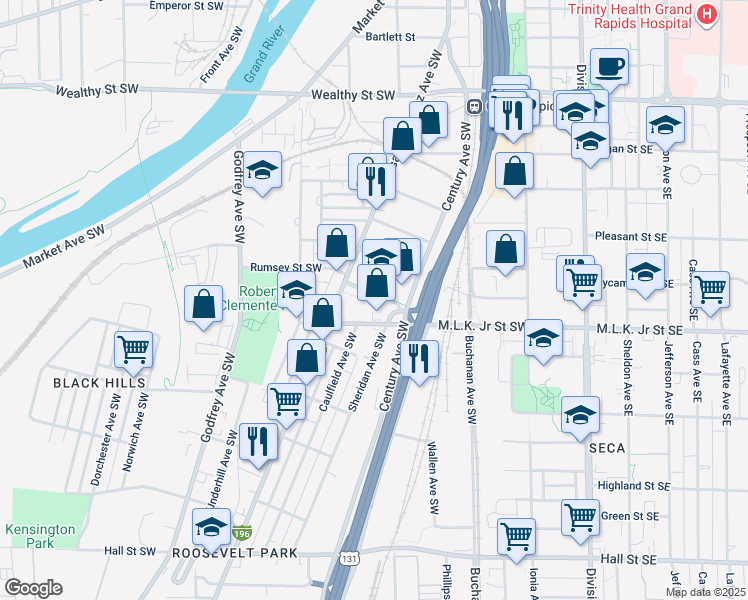 map of restaurants, bars, coffee shops, grocery stores, and more near 330 Rumsey Street Southwest in Grand Rapids