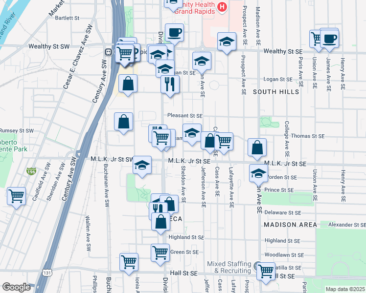 map of restaurants, bars, coffee shops, grocery stores, and more near 717 Sheldon Avenue Southeast in Grand Rapids