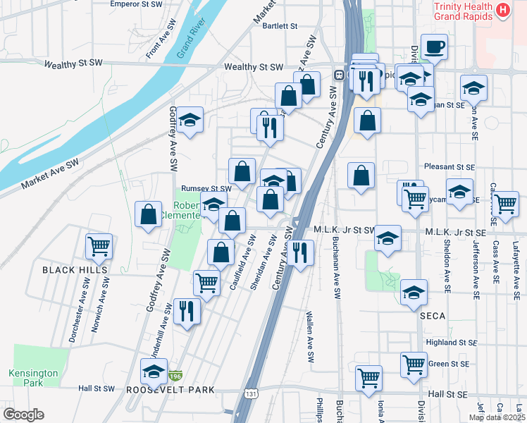 map of restaurants, bars, coffee shops, grocery stores, and more near 348 Rumsey Street Southwest in Grand Rapids