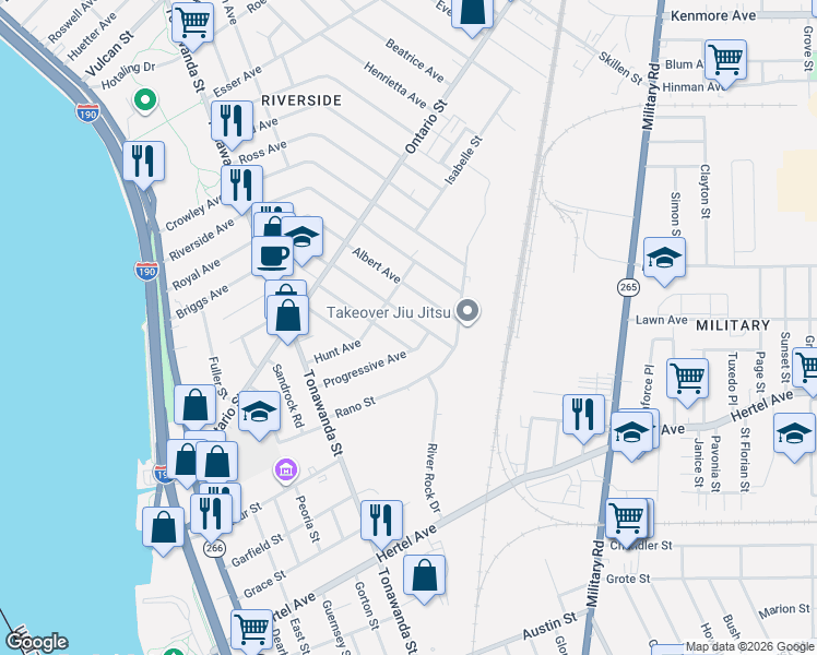 map of restaurants, bars, coffee shops, grocery stores, and more near 117 Mayer Avenue in Buffalo