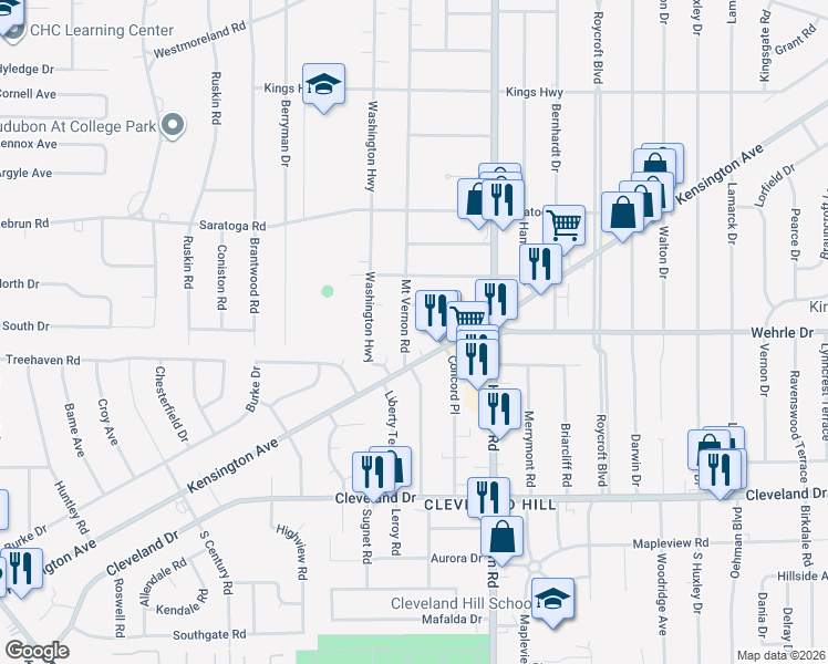 map of restaurants, bars, coffee shops, grocery stores, and more near 510 Mount Vernon Road in Buffalo