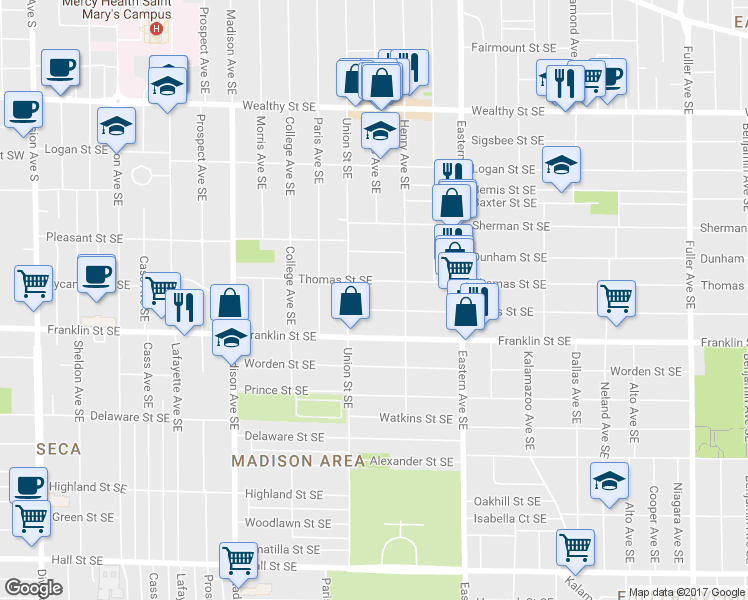 map of restaurants, bars, coffee shops, grocery stores, and more near 627 Bates St SE in Grand Rapids
